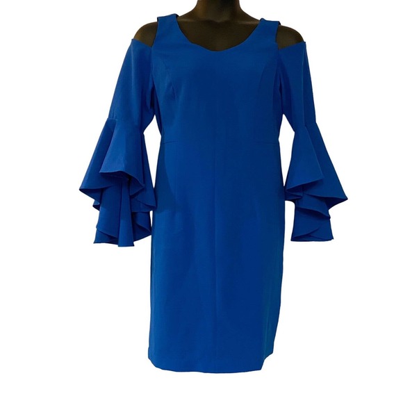 Midnight Velvet Blue Cold Shoulder Bell Sleeve Dress - Picture 2 of 16
